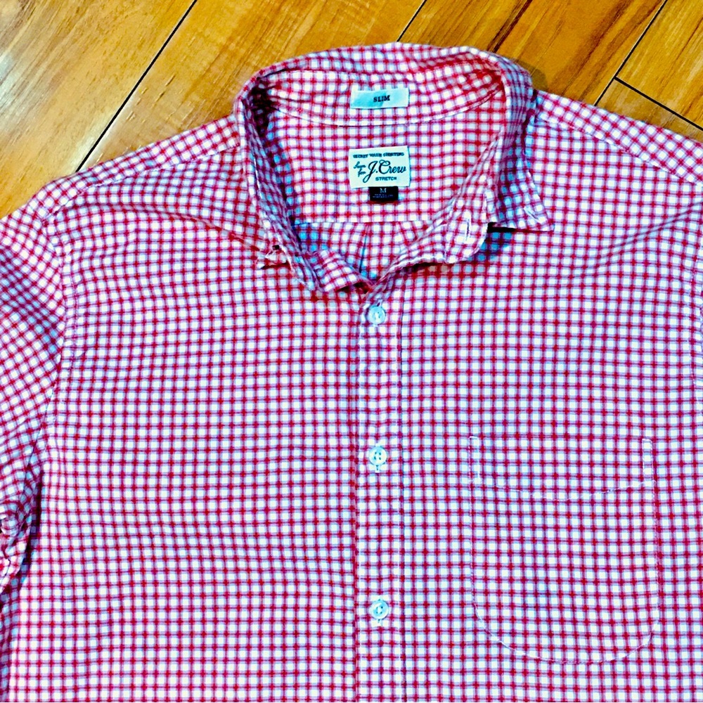 J Crew mens Slim checkered plaid red white button down up shirt top lumberjack